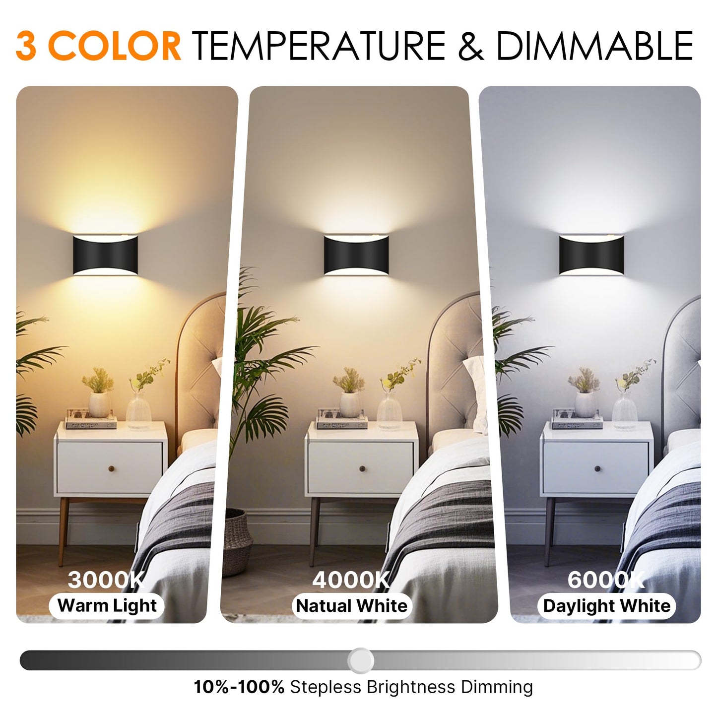 FOLKSMATE Battery Operated Wall Sconces Set of 2, 8000mAh Rechargeable, Remote & Touch Control, 3 Color Temperatures, Black