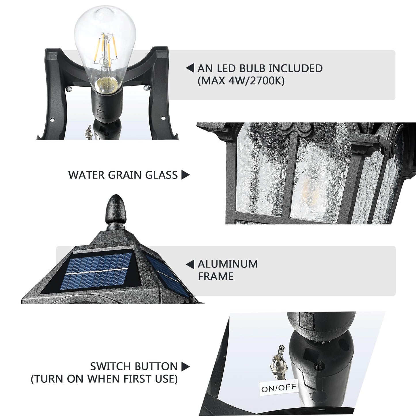Emliviar Outdoor Solar Lamp Post Light, 22.1in Aluminum, Vintage Design, Black Finish, Water Grain Glass Shade, Model YXE302MP-SL BK