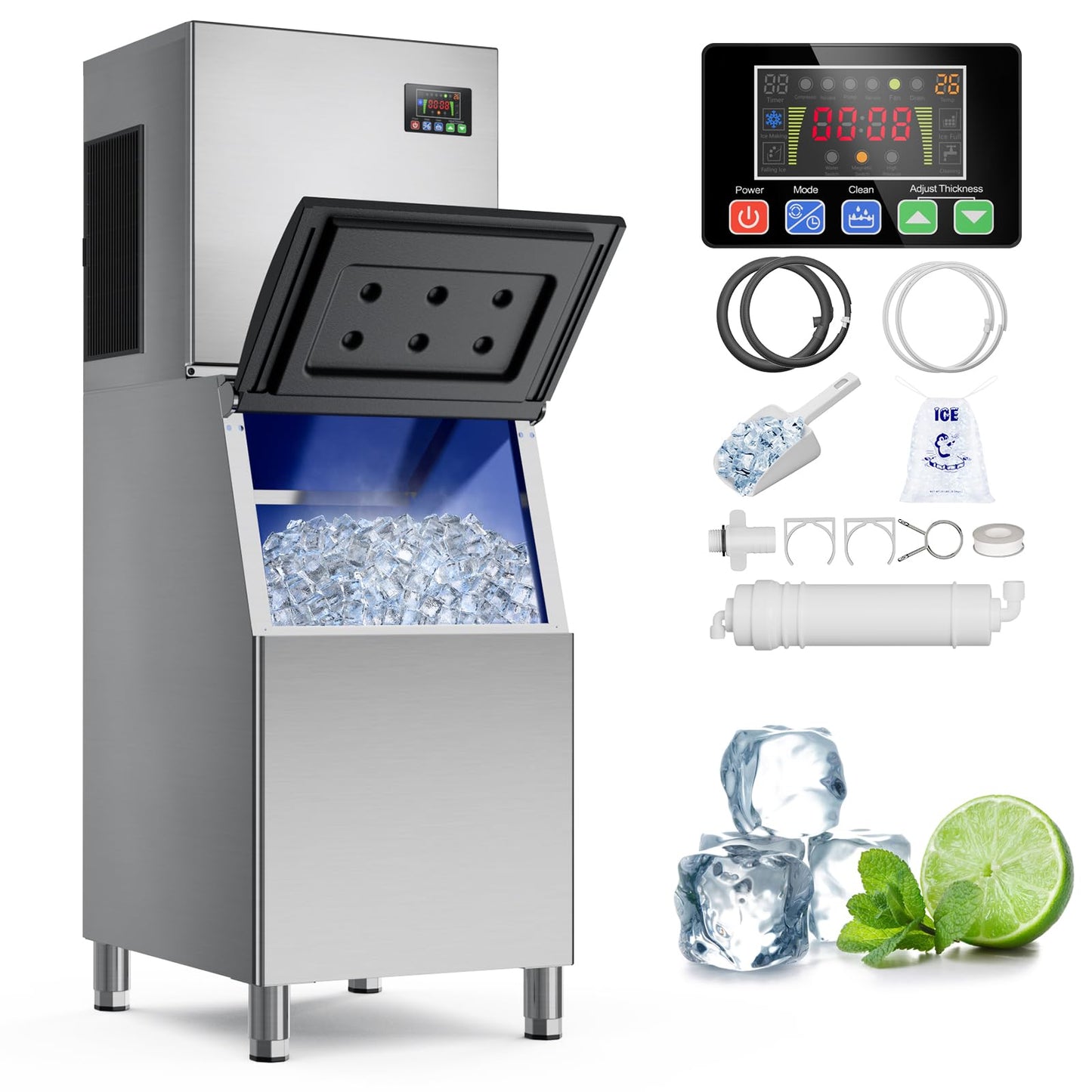 Commercial Ice Machine 580 LBS/24H with 400 LBS Storage Bin, Ice Cubes Ready in 5-15 min, Stainless Steel Industrial Ice Maker, Self-Cleaning, Timing Function, Adjustable Ice Thicknesses
