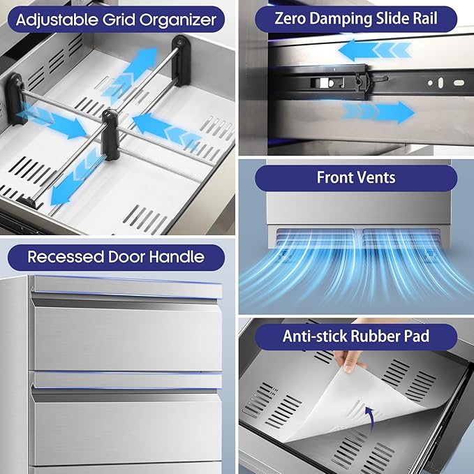 Outdoor 3 Drawers Beverage Refrigerator, 190 Cans 24'' Beverage Fridge with Wheels, Waterproof, All Stainless Steel, Undercounter or Freestanding, 37-64°f, Drink Fridge for Home, Patio & Commercial