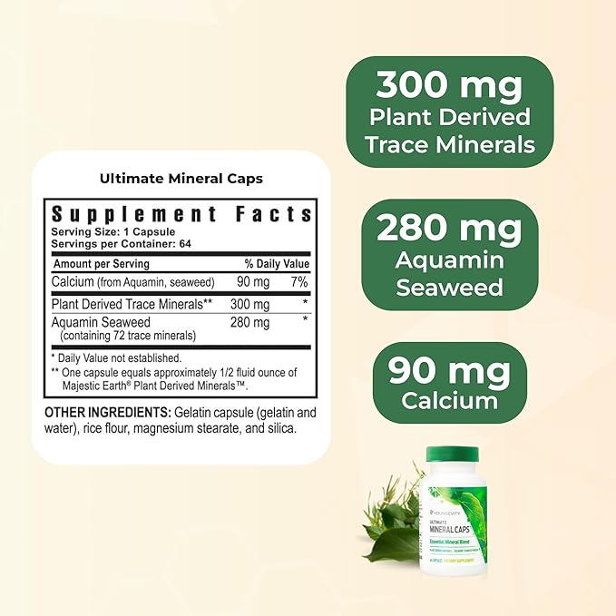 Youngevity Ultimate Mineral Caps™ - 70+ Essential Full Spectrum Trace Minerals - Nutrient-Dense, Derived from Humic & Aquamin Seaweed (64 Capsule) (Pack of 4)