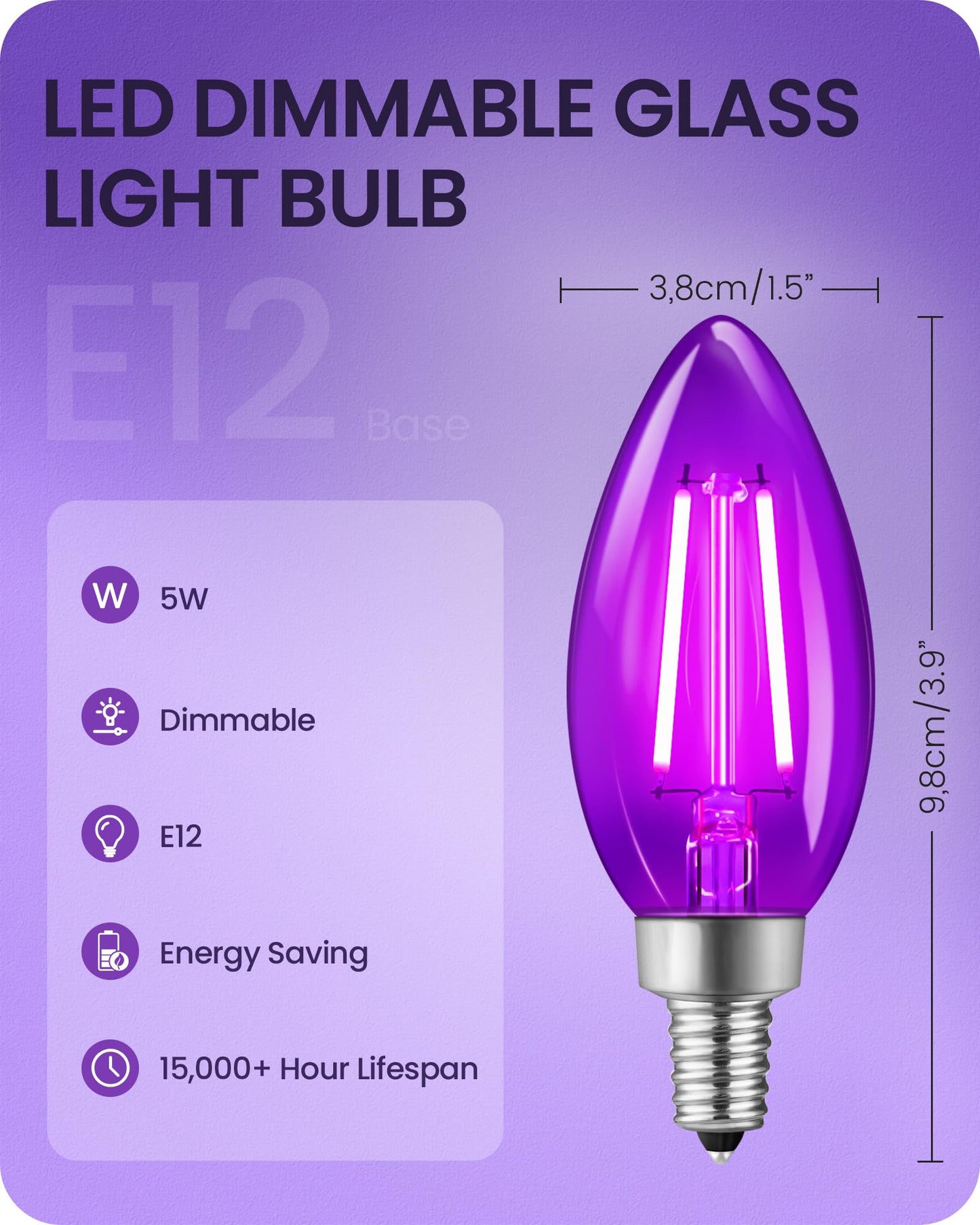 Goebleson Purple E12 Led Light Bulbs  C35 5W (60W Equivalent) Glass Dimmable Chandelier Bulbs  Decorative Lighting For Christmas  Halloween  Party  Holiday Decoration  6 Pack P2C3P605