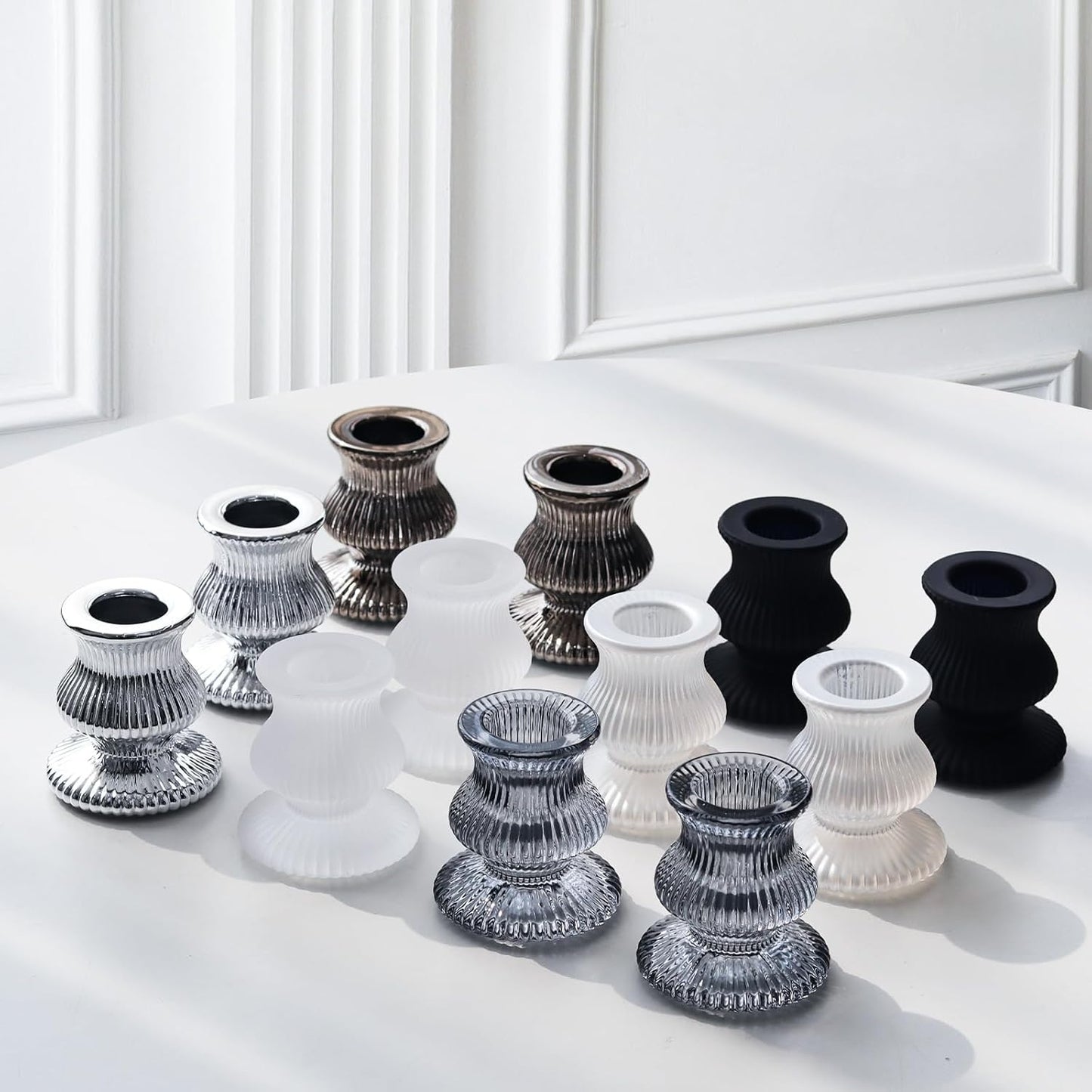 WDHODEC Black White Candlestick Holders 12PCS Glass Taper Candle Holders for Table Centerpiece Colorful Candle Sticks for Wedding, Party and Festival Decoration