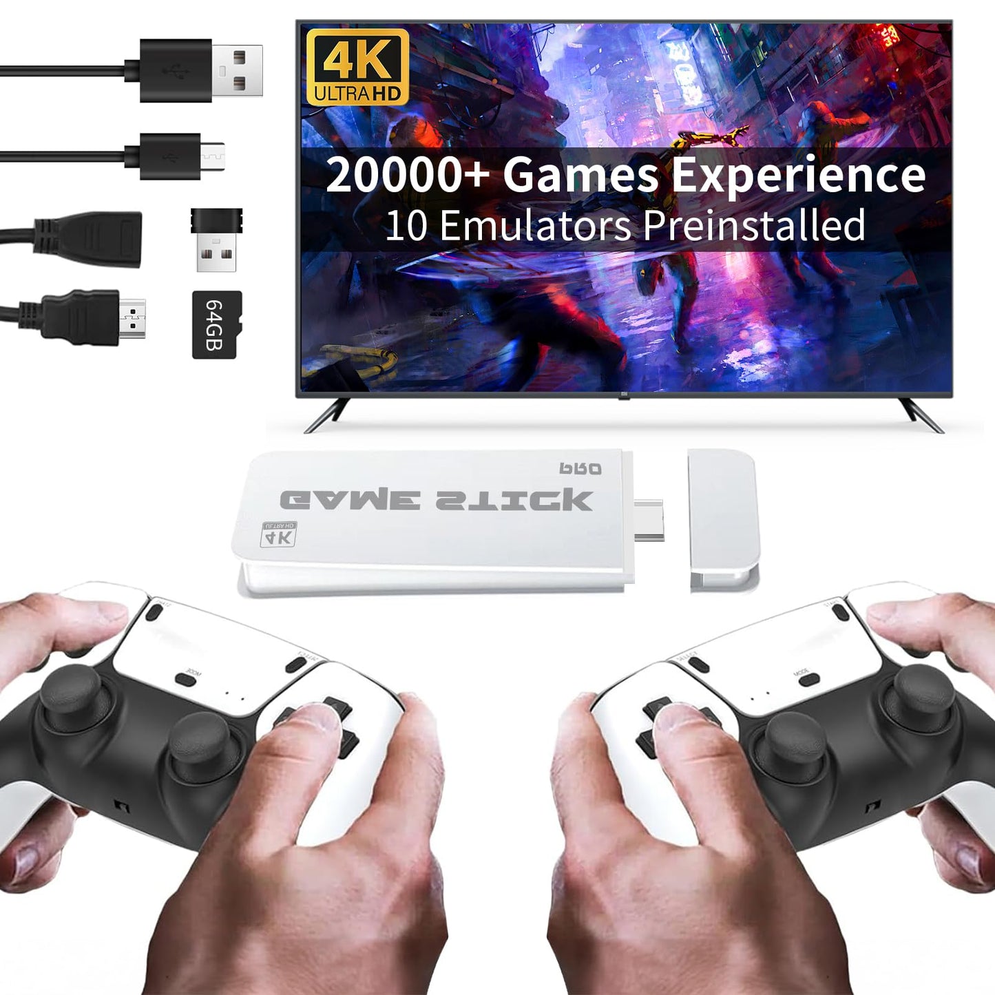 Wireless Retro Game Console, Retro Game Stick with Built-in 20,000+ Games, 23 Emulators 64GB, Retro Game Console Stick Pro with Dual 2.4GHz Wireless Controllers, Plug and Play Video Games for TV