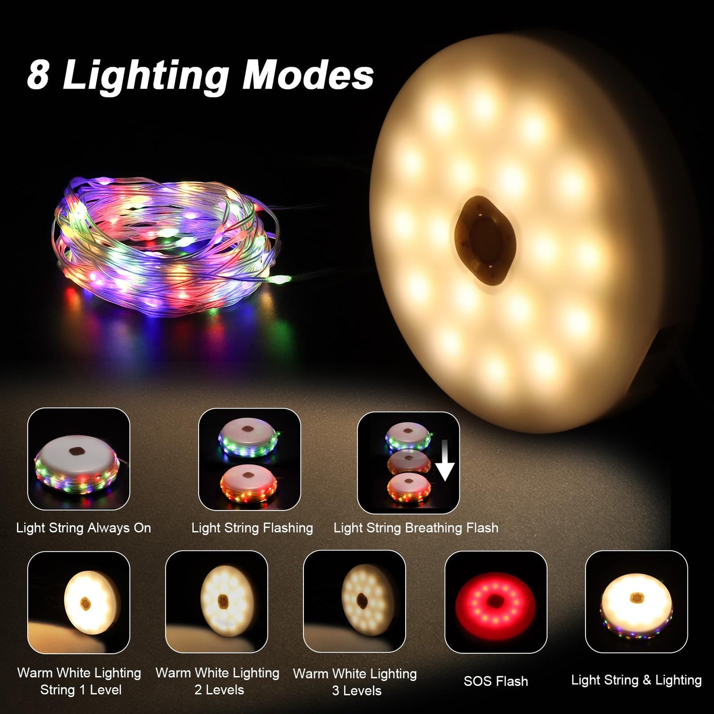 HELESIN Outdoor Portable Camping String Lights, 42ft, 8 Modes, Solar/USB Rechargeable, Multicolor