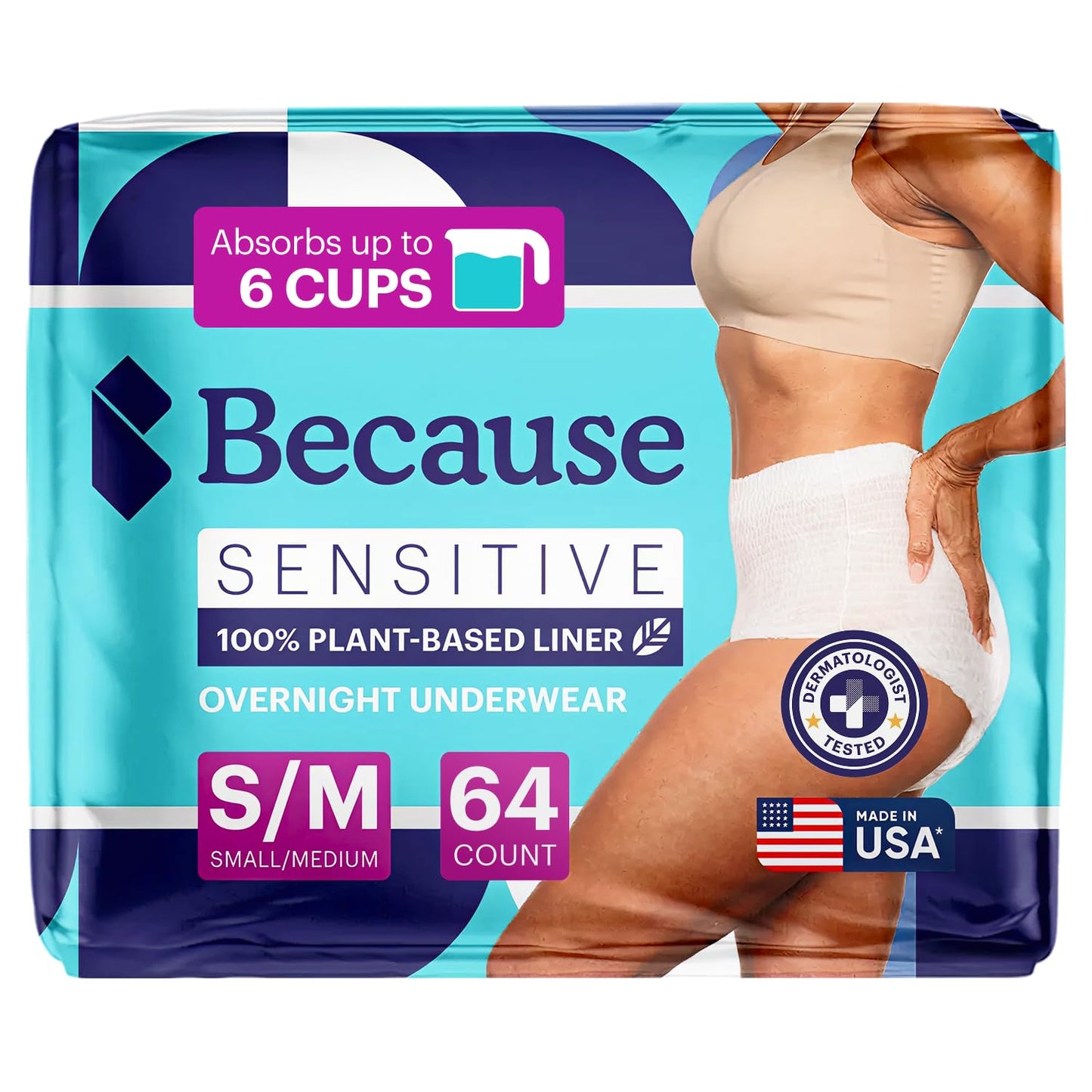 Because Adult Incontinence Underwear for Sensitive Skin - Women - Premium Overnight Disposable Briefs, Anti Odor - White, Small/Medium - Absorbs 6 Cups - 64 Count (4 Packs of 16)