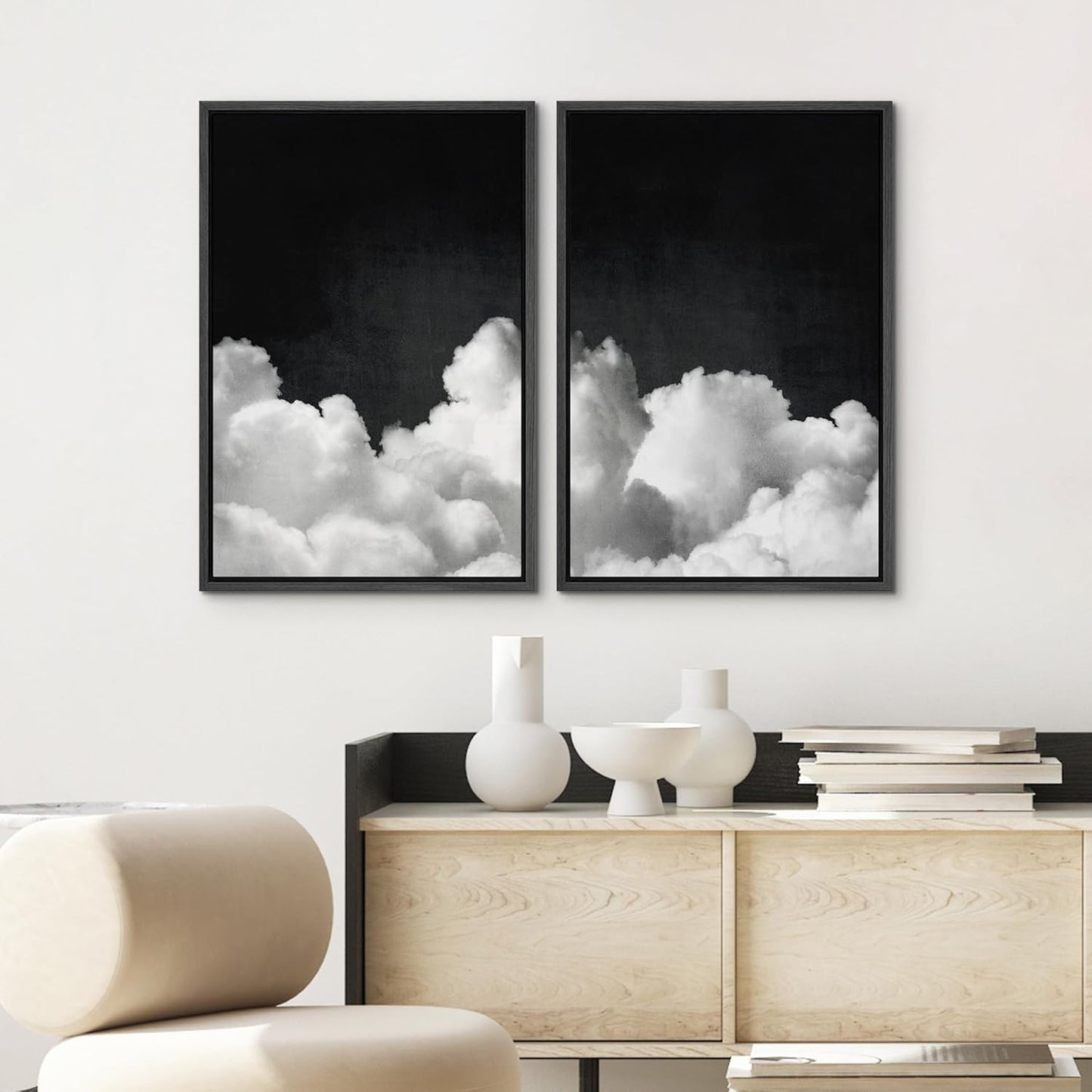 SIGNWIN Framed Canvas Print Wall Art Moody Black and White Cloud Illustrations Modern Art Decorative Contemporary for Living Room, Bedroom, Office - 24"x36"x2 Black