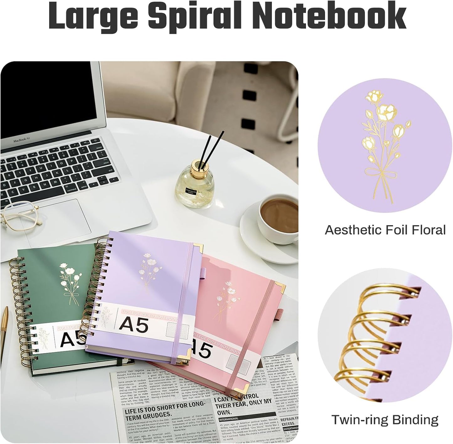 Hardcover Spiral Notebooks 6.1" X 8.4" Note Taking 5 Subject Notebook College Ruled with Dividers 240 Pages 100GSM Aesthetic Spiral Notebook for Work School Cute Journals for Women Writing, Purple