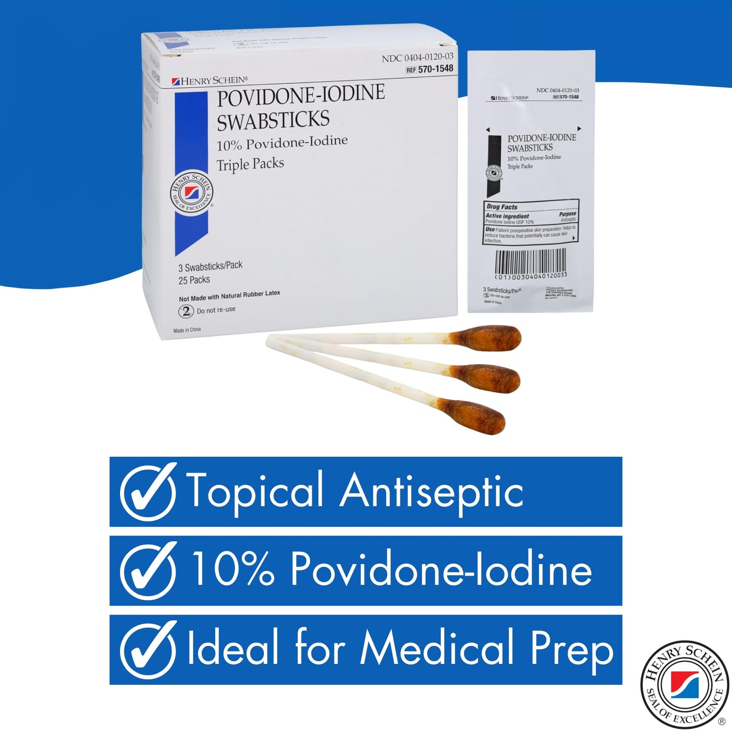Henry Schein Prep Povidone-Iodine Swabsticks 3's, Individually Packed, Sterile, Antiseptic for Skin Preparation, 10% Povidone-Iodine- 25/BX