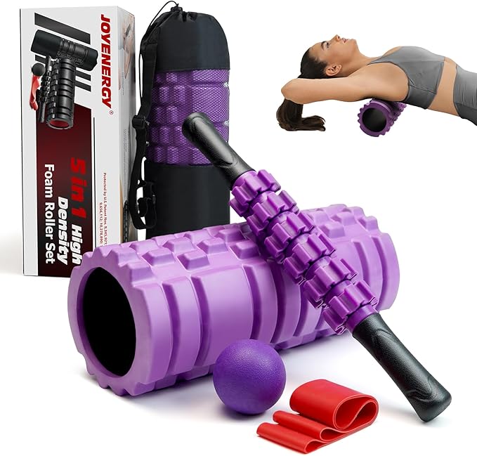 JOYENERGY 5 in 1 Foam Roller Set, Trigger Point Foam Roller Patented, Massage Roller Stick, Massage Ball, Stretching Strap...