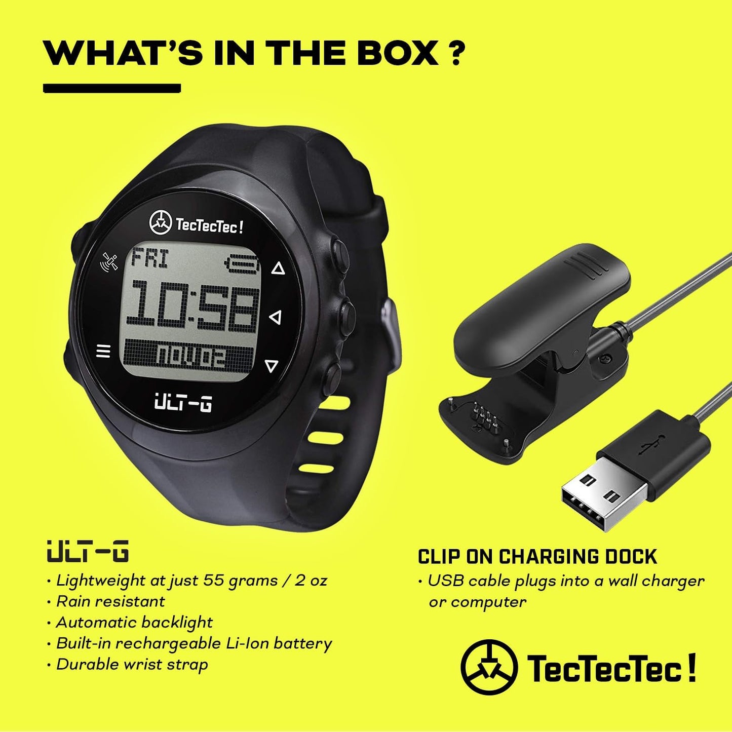 TecTecTec ULT-G Stylish, Lightweight and Multi-Functional Golf GPS Watch, Durable Wrist Band with LCD Display, Worldwide Preloaded Courses - Black