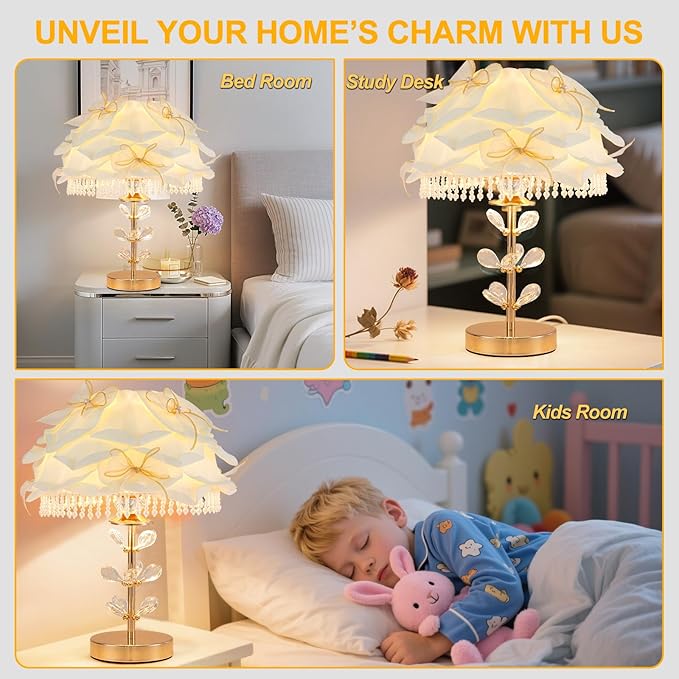 Cute White Table Lamp Girls Bedroom Modern Bow Desk Lamp Crystal Princess Bedside Light for Living Room Wedding Deco Study Room Entry Office