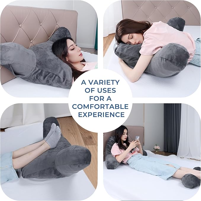 COOLBEBE Reading Pillow for Bed Backrest Pillow for Bed Sitting Up Adult with Arms Navy Back Support Pillow with Headrest & Pockets, Removable Washable Cover and Detachable Neck Roll(Standard 18")
