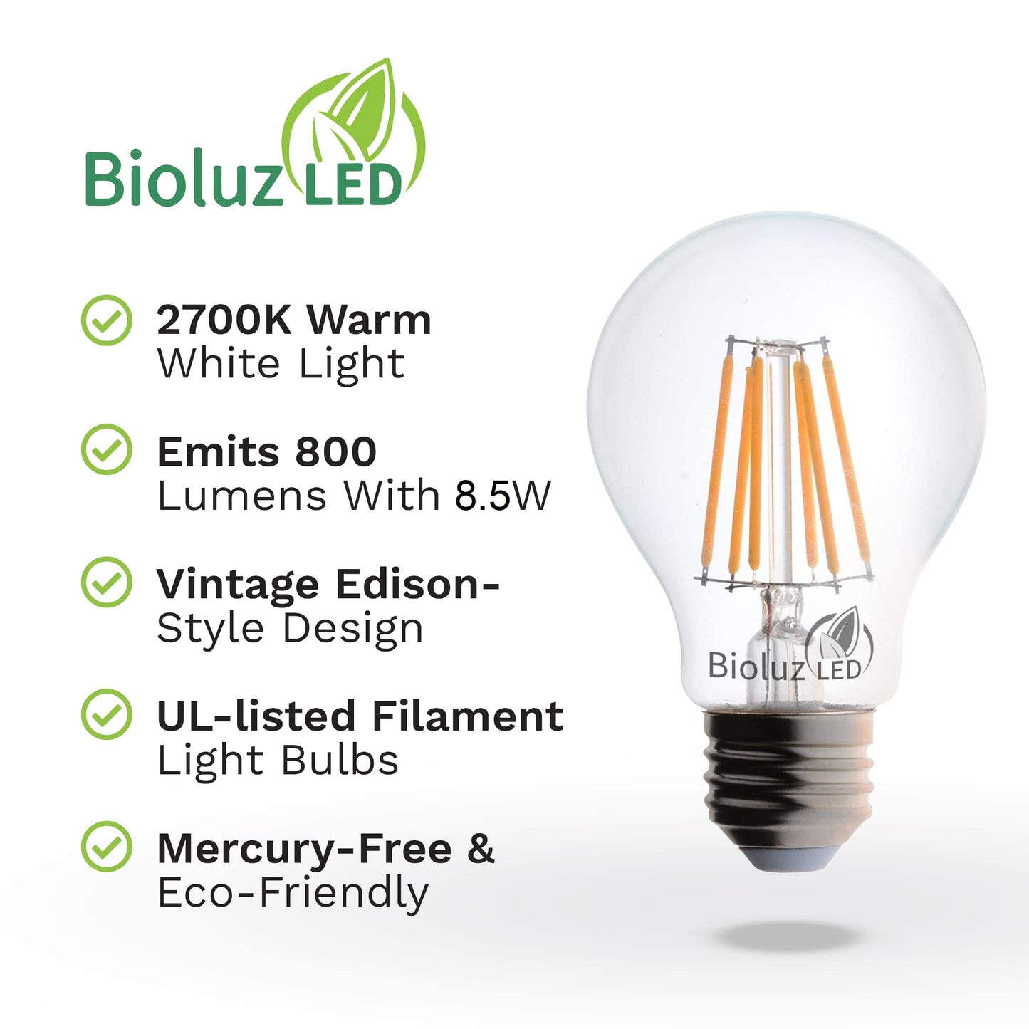 Bioluz LED 60W Dimmable Edison Bulbs, 92 CRI, Warm White, Glass, 6-Pack