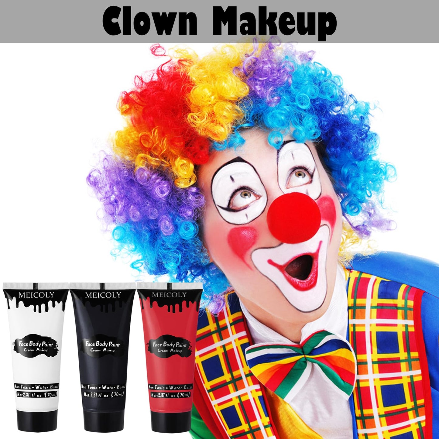 MEICOLY Black White Red Face Body Paint with Setting Powder and Sponges,Clown White Devil Joker Face Paint Makeup,Waterbased Bod