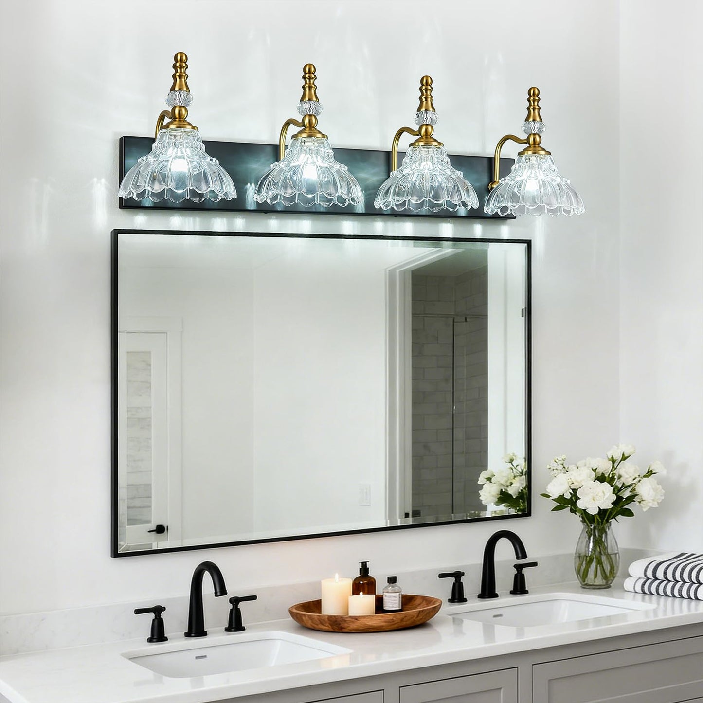 Lbsqj Vintage Bathroom Vanity Light  4-Light Black Gold Vanity Lighting Fixture With Flower Glass Shade  Bathroom Lighting Fixtures Over Mirror