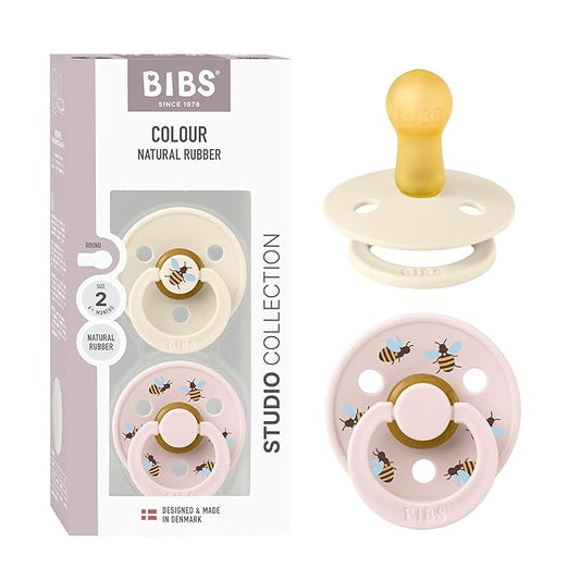 BIBS Studio Soother 2-Pack, BPA Free Dummy Pacifier, Round Nipple. Natural Rubber Latex, Made in Denmark, Size 2 (6-18 Months), Ivory/Petal