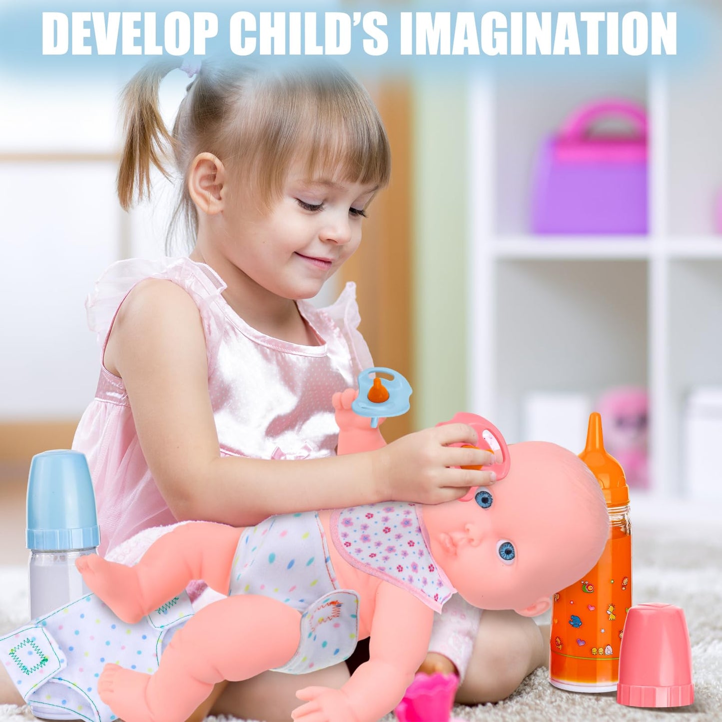Shappy 10 Pcs Baby Doll Accessories Set Include Disappearing Milk and Juice Bottles, Pacifier, Bibs, Diapers, Baby Doll Feeding Set, Toy Bottles for Dolls for Girls Christmas Birthday Gift