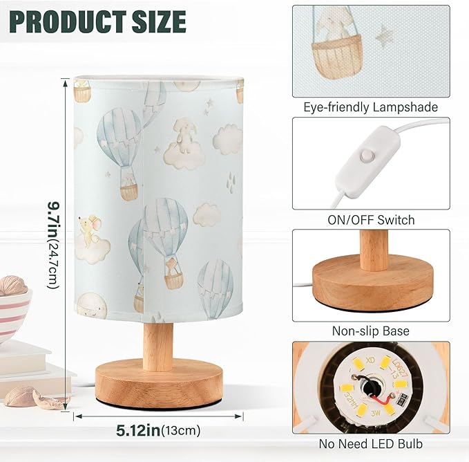 Table Lamp Watercolor Hot Air Balloon Elephant Rabbit Bear Mouse Moon Star Nightstand Lamp with Wood Base Fabric Lamp Shade Bedside Desk Lamp for Living Room Bedroom Kids Room Office