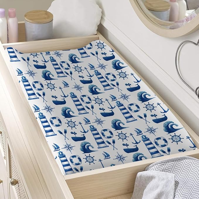 Nautical Life Changing Pad Cover Navy White Lighthouse Compass Anchor Whale Wave Diaper Change Table Cover for Baby Boys Girls Soft Stretch Changing Table Mats Sheets 32''x16''