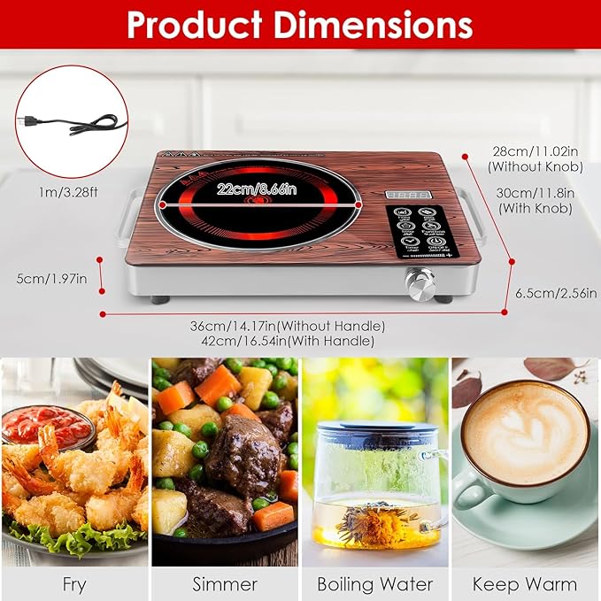 Infrared Electric Cooktop, 3500W Ceramic Single Hot Plates for Countertop, 12 Power Levels 0-3H Timer, Portable Handle, LED Display, Portable Stove for Home RV Camping(Wood)