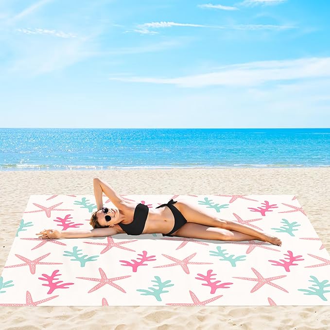 Beach Blanket Waterproof Sandproof, 78''×86'' Large Beach Mat Sand Free, Lightweight Compact Foldable Picnic Blankets w/ 4 Stakes & Pockets for Camping, Travel, Beach Vacation Essential Accessories
