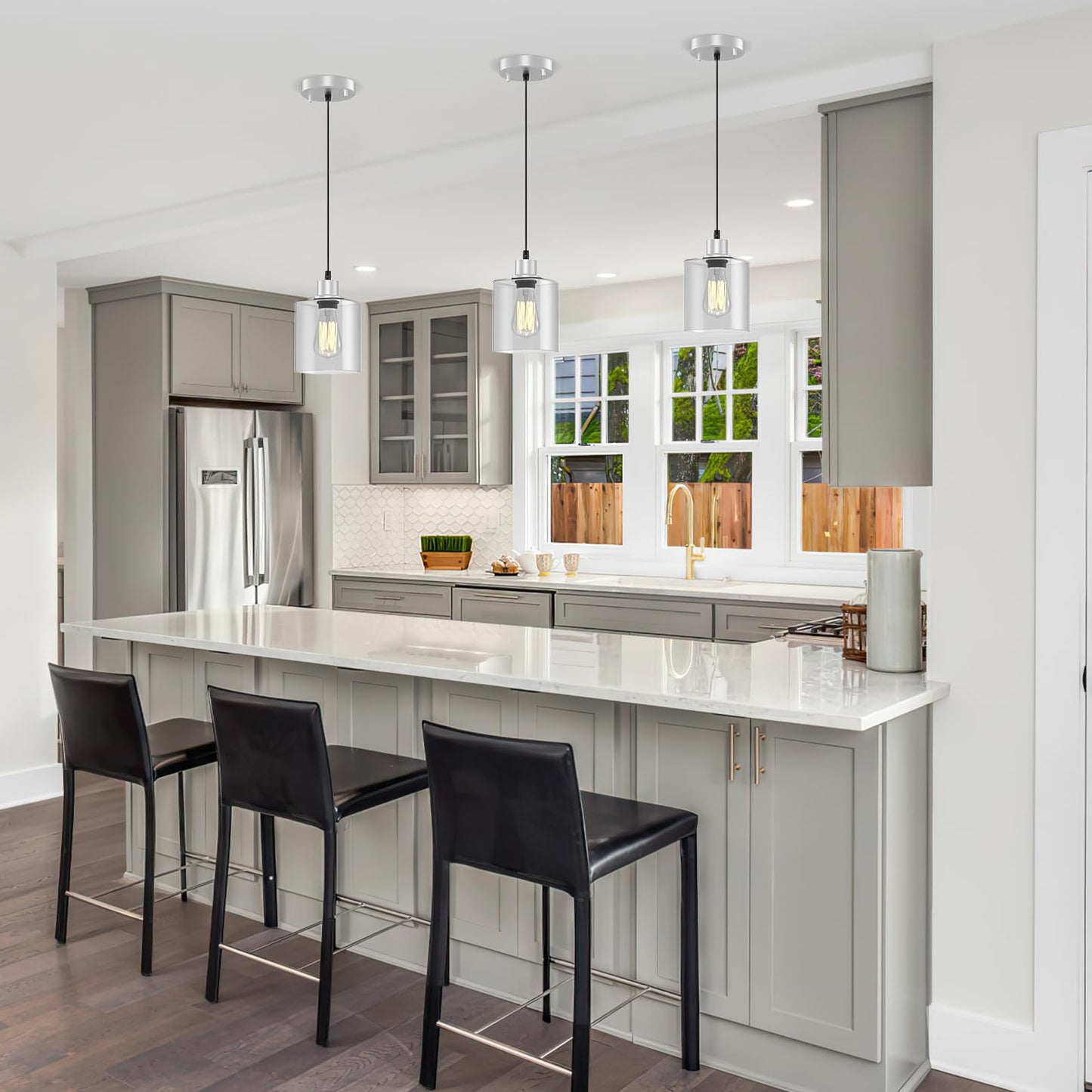 Pendant Light Kitchen Island Lighting 3 Pcs  With Bulb & Clear Glass Shade - 59 Inch Hanging Cord Farmhouse Hanging Lighting Fixture For Dining Room Bedroom Hallway - Brushed Nickel