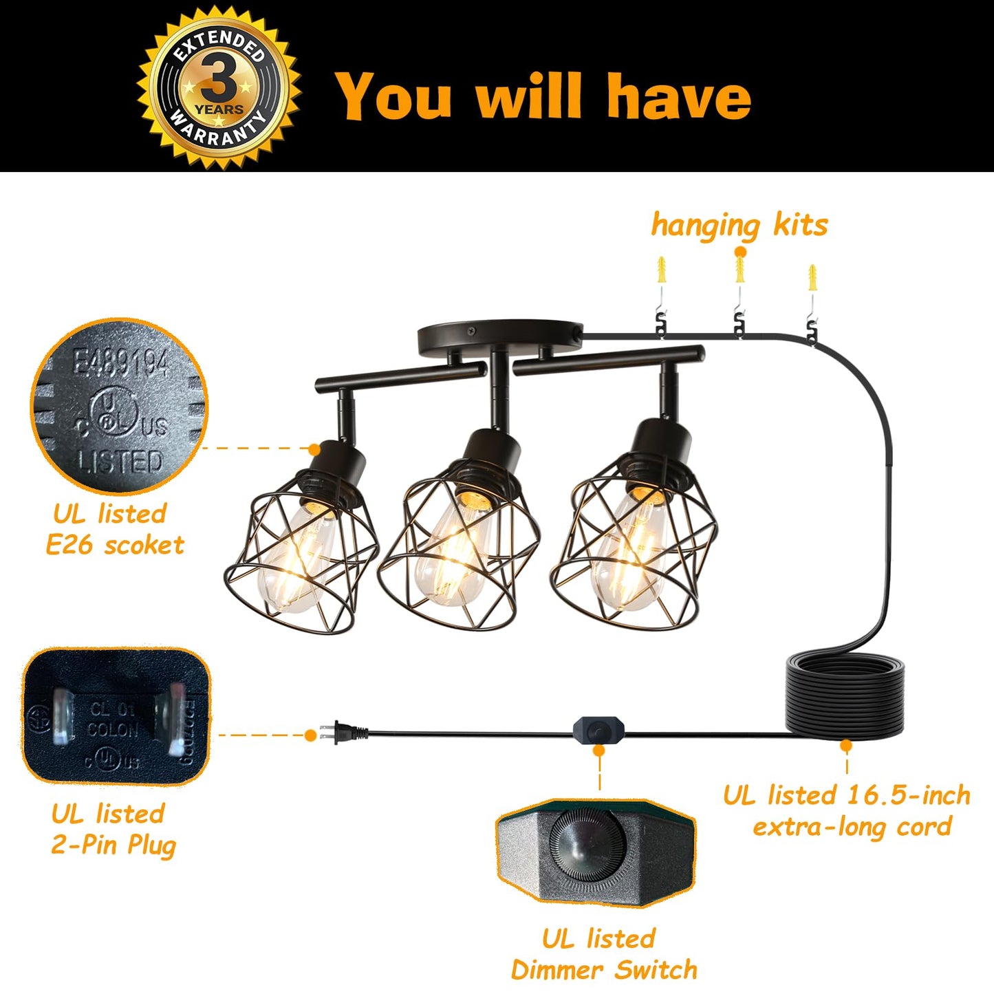 Vivihobb Dimmable Black Plug In Track Lighting Kit 3 Light Plug In Ceiling Light With 16.5 Cord Flexibly Rotatable Light Head Modern Industrial Farmhouse Style(Bulbs Not Included)