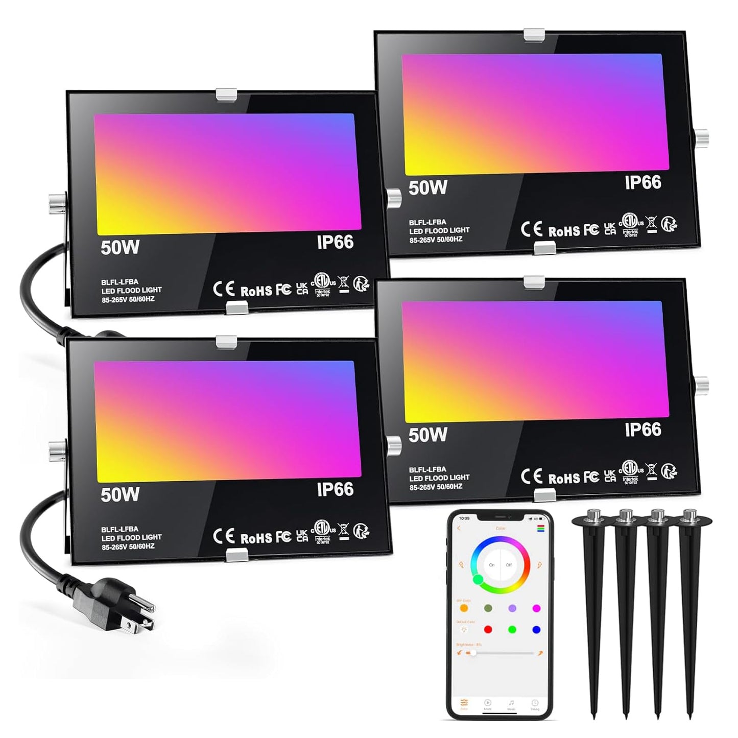 ChangM LED Flood Light - 500W Equivalent, 5000LM, Bluetooth RGBW, IP66 Waterproof, 50W-4Pack with Ground Stakes