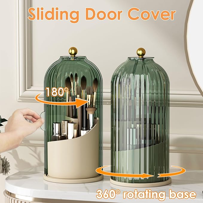Makeup Brush Holder with Lid 360 Rotating Clear Dustproof Make Up Organizers for Vanity Bathroom Countertop, Green Beige