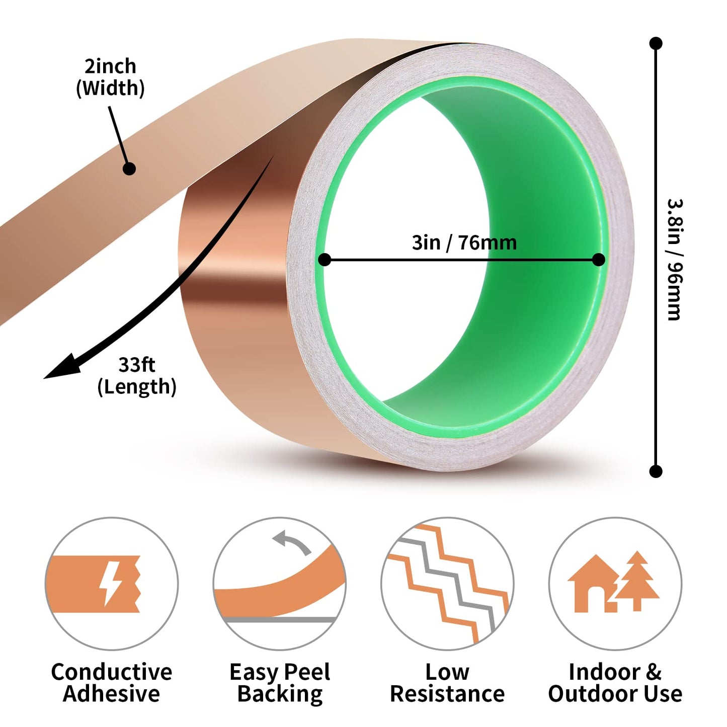Kirecoo Copper Tape, Copper Foil Tape (2inch X 33 FT) with Conductive Adhesive for Guitar, EMI Shielding, Crafts, Electrical Repairs and Grounding