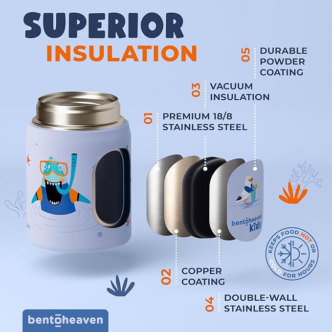 Bentoheaven Kids Food Jar (10oz) - Vacuum Insulated Container - Premium Double Wall Stainless Steel - Easy to Open - Keeps Soup Hot/Cold - Lunch Box Thermos for Kids (Ocean Blue)