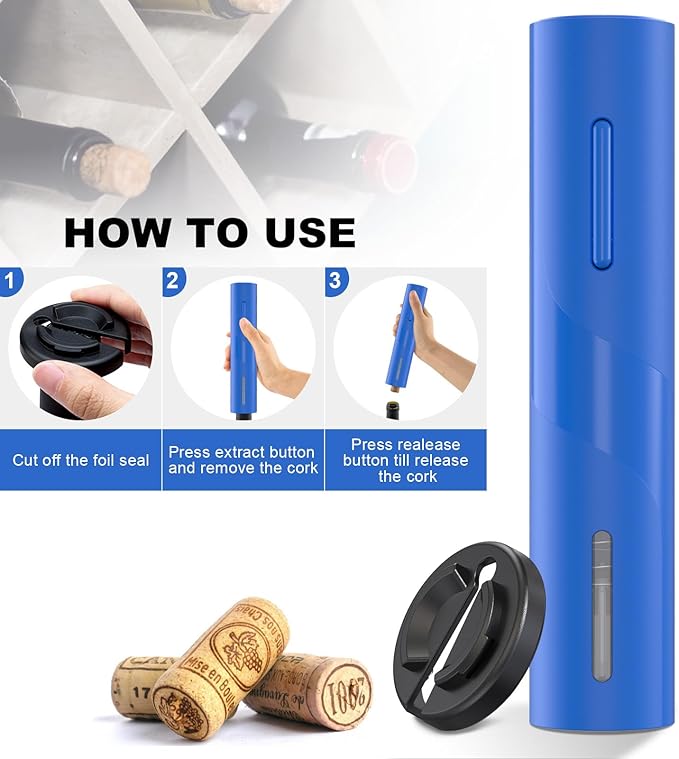 COKUNST Electric Wine Opener, Battery Operated Corkscrew with Wine Bottle Cutter for Wine Lovers, Blue