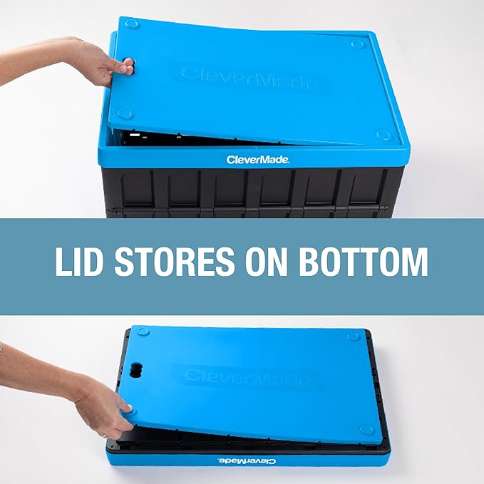 CleverMade Collapsible Storage Bins with Lids- Neptune Blue 3Pack 46L- Plastic Container Stackable Organization Crates Home Closet SpaceSaving Durable