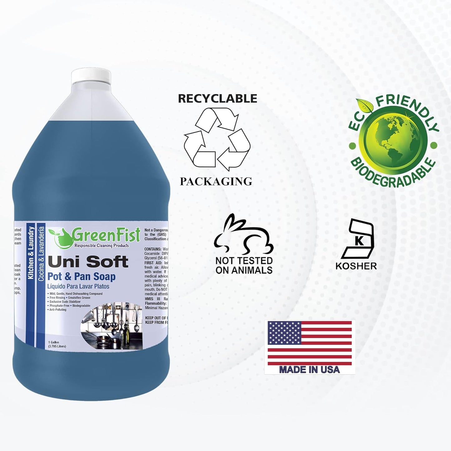 GreenFist Dish Soap Professional Detergent Liquid Pot & Pan Dish-Wash - Light or Heavy Use (Blue Unisoft 1 Gallon)