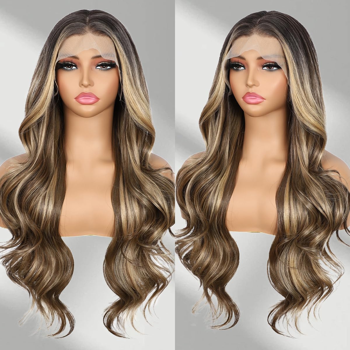 BABEHERS Brown mix Blonde Lace Front Wig for Women 13x4 Body Wave Synthetic Wigs Highlight Pre-plucked Long Wavy 150% Density fo