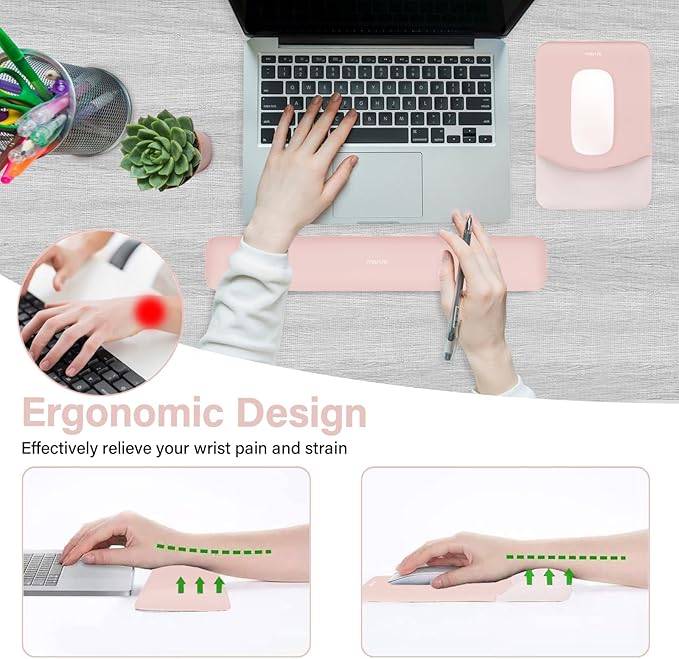 MOSISO Wrist Rest Support for Mouse Pad&Keyboard Set, Rectangular Ergonomic Mousepad Non-Slip Base Home/Office Pain Relief&Easy Typing Pad with Neoprene Cloth&Raised Silicone Lining, Baby Pink