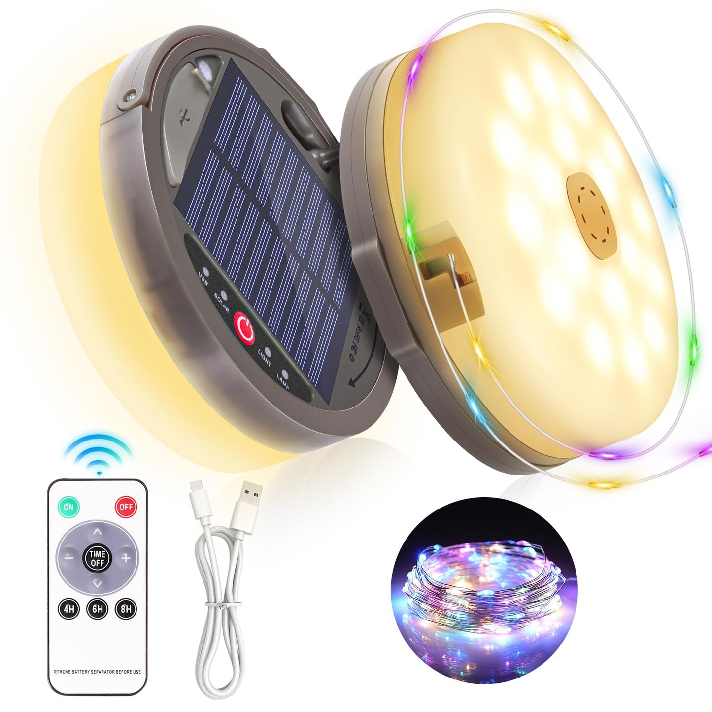 HELESIN Outdoor Portable Camping String Lights, 42ft, 8 Modes, Solar/USB Rechargeable, Multicolor