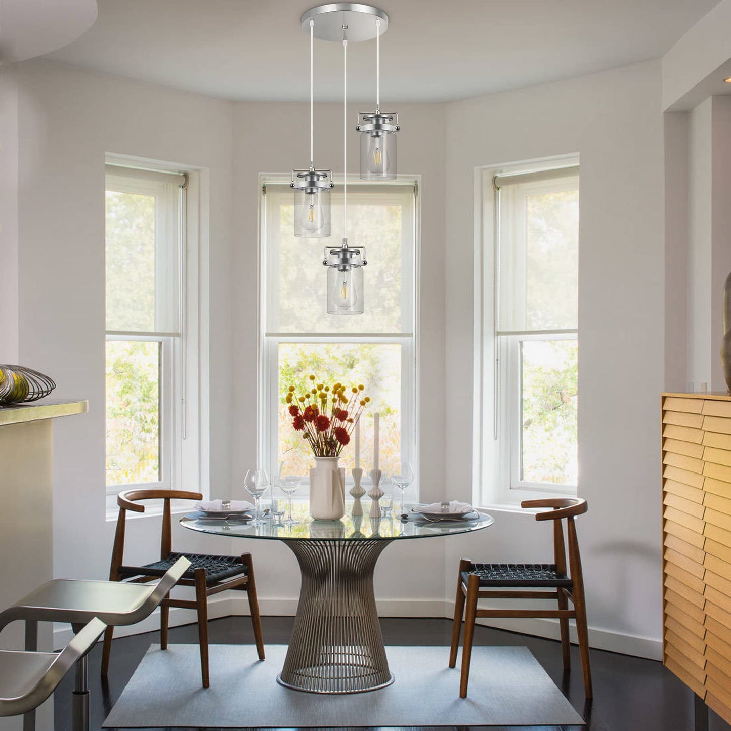Pendant Lighting For Kitchen Island  Modern Glass Pendant Light Linear Chandelier For Dining Room Industrial 3 Light Hanging Light Fixture Adjustable Cord Farmhouse Ceiling Light Brushed Nickel Finish