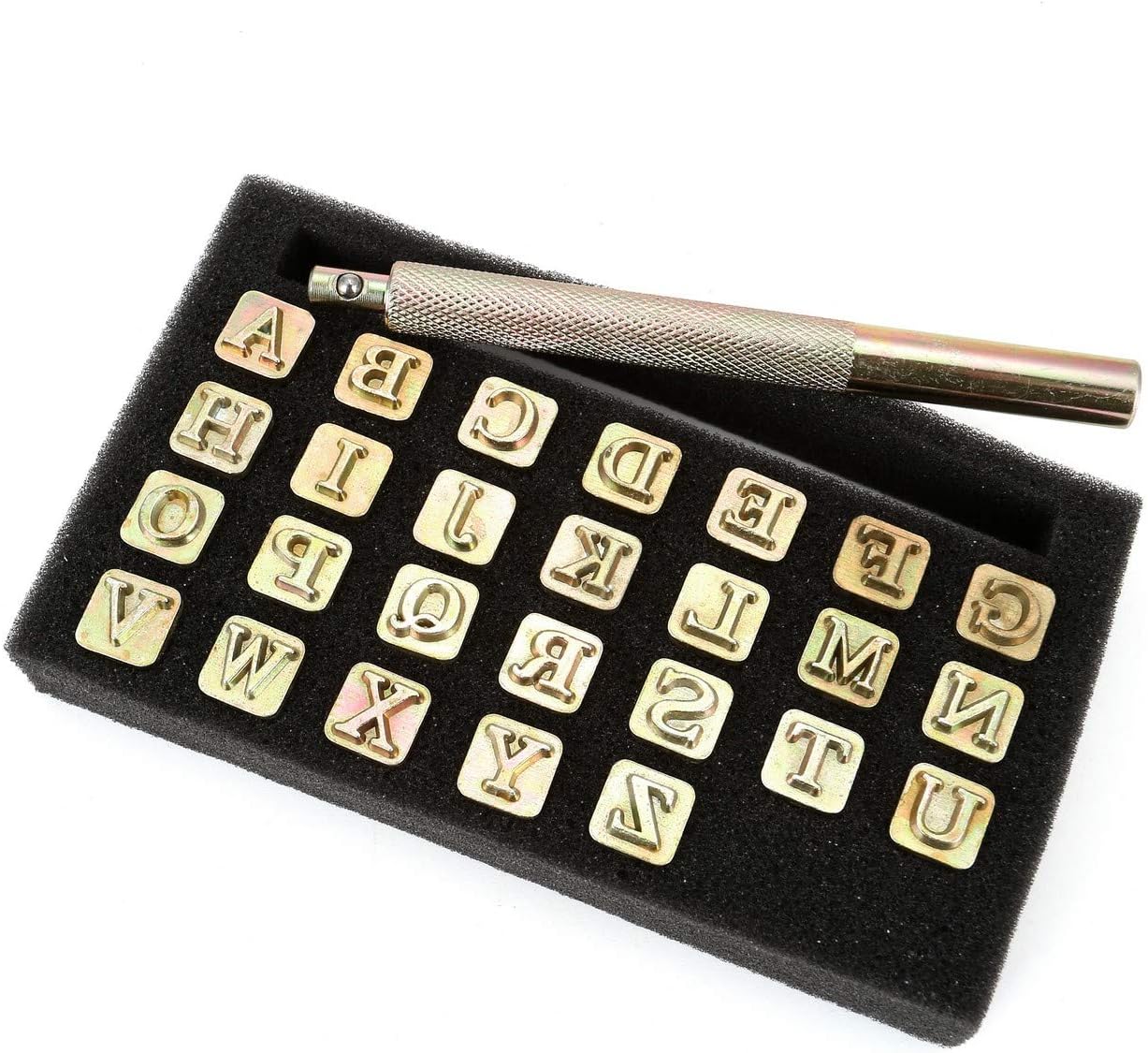 Yoption 27 Pieces Leathercarft Stamping Tool Set, 26 Letters Alphabet Stamps Steel Punch Tool 6mm+1 Stamping Handle for Leather Craft