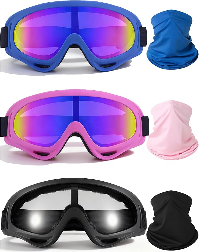 YISUGOOC 3 Pairs Motorcycle Goggles UV Protection Ski Goggles With 3 Pieces Neck Gaiter Riding Dust And Windproof