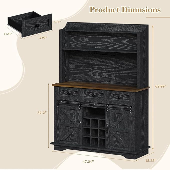 63 Inch Tall Coffee Bar Cabinet with 3-Tier, Kitchen Hutch with 3 Large Drawers, Farmhouse Coffee Bar with 9 Wine Racks & 3 Glass Holders, Wine Storage Cabinet for Living Dining Room, Black