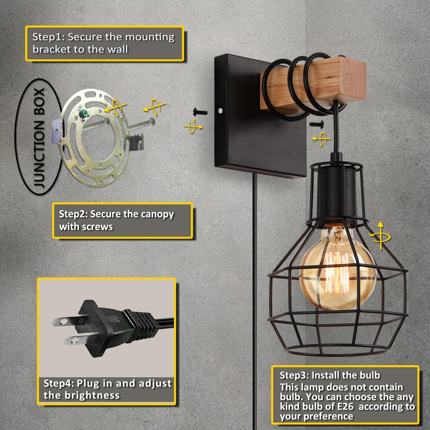 Lightess Plug-In Wall Sconces Set of 2, Dimmable, Metal, Black, Industrial Design, Model LG9951511