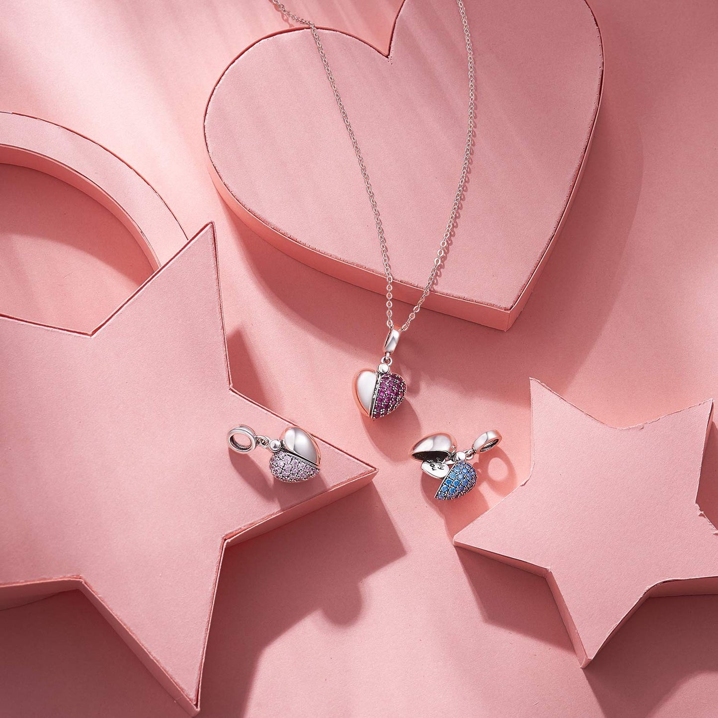 NINGAN You & Me    Pink Heart Pendant Love Charm 925 Sterling Silver Dangle Charms Compatible with Major European Bracelets & Ne