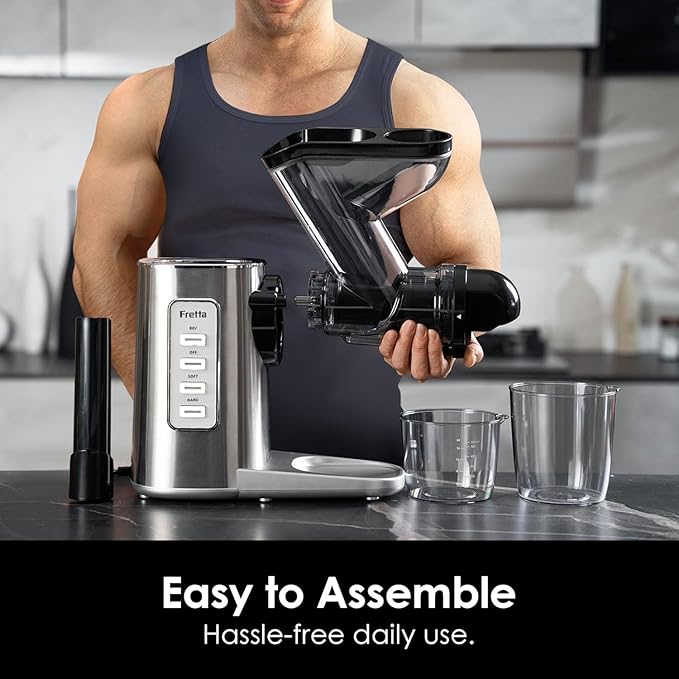 Fretta Masticating Slow Juicers,3-inch Wide Feeding Chute Cold Press Juicer,Celery Juicer, Juicer Machines Vegetable and Fruit,Juice Recipes Included,2 Speed,BPA-Free,Easy Clean,200W (Stainless Steel)