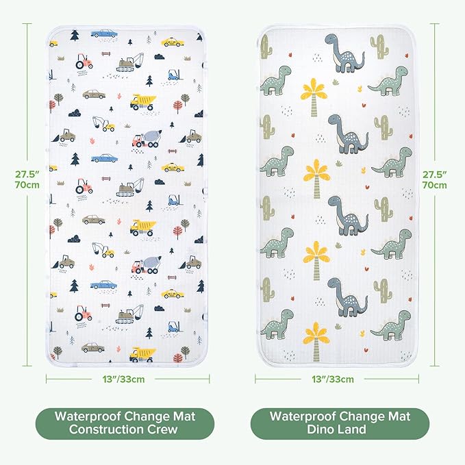 haakaa Waterproof Changing Pad Liners, 100% Cotton, Soft & Breathable (2pcs, 13" x 27.5" Construction Crew+Dino Land)