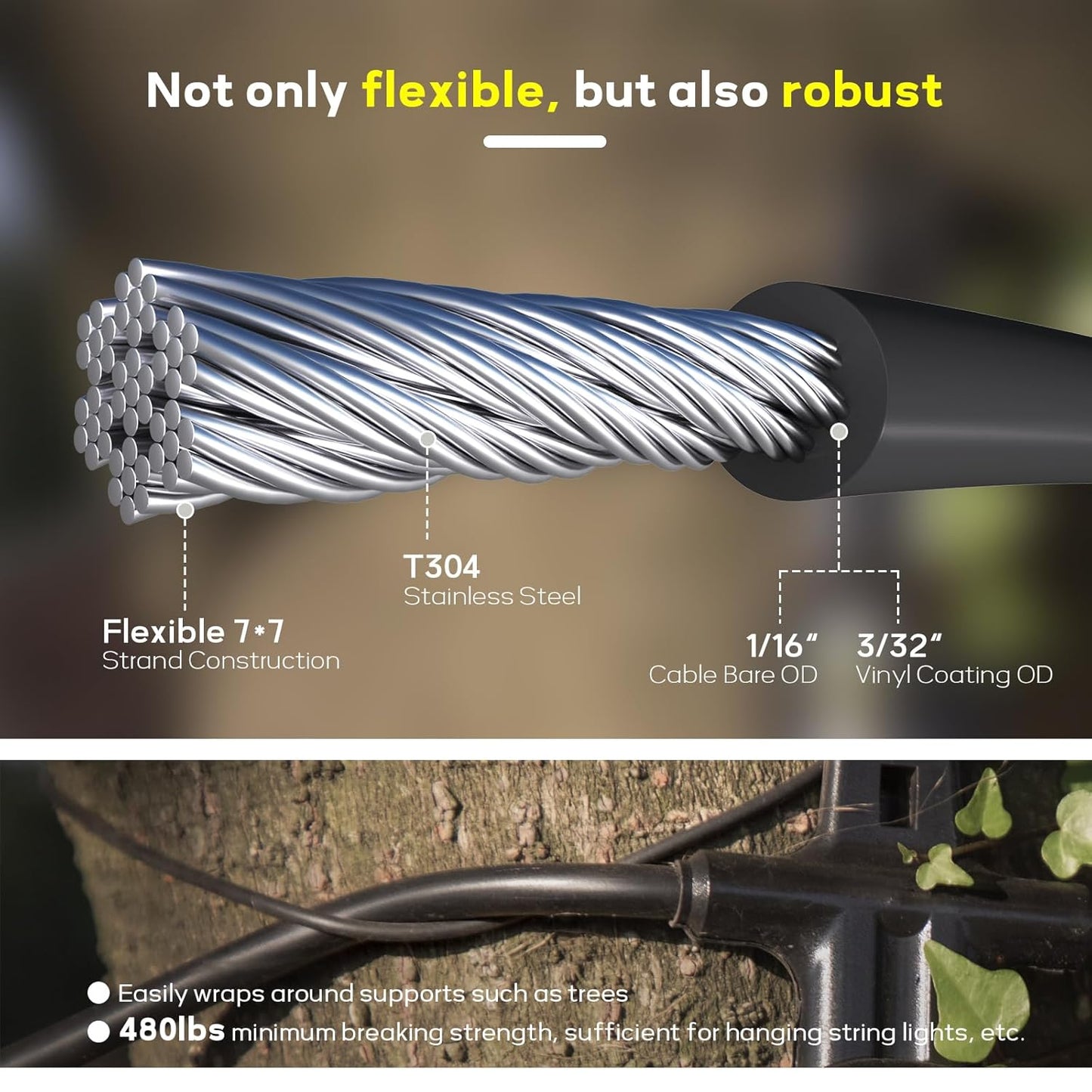 Vinyl Coated Wire Rope 1/16 Inch Overmolded to 3/32 Inch, 100FT 304 Stainless Steel Cable with 30 Pcs Crimping Sleeves for String Light Hanging Kit, Clotheslines, Trellis Wire
