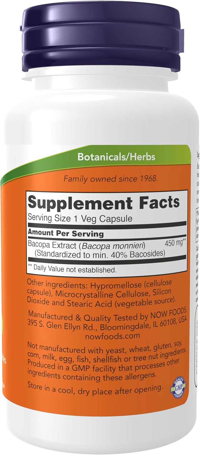 NOW Foods Supplements, Bacopa Extract (Bacopa monnieri) 450 mg, Promotes Brain Health*, 90 Veg Capsules