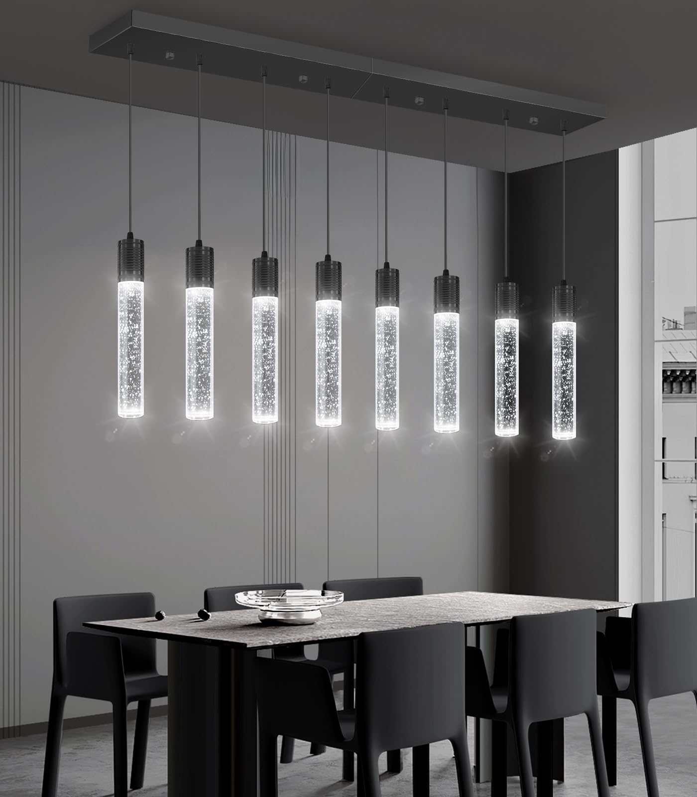 Dolria 8-Lights Modern Crystal Chandeliers For Kitchen Island Pendants Lighting Fixture For Dining Room Led Ceiling Light For Hallway Foyer 6000K Black