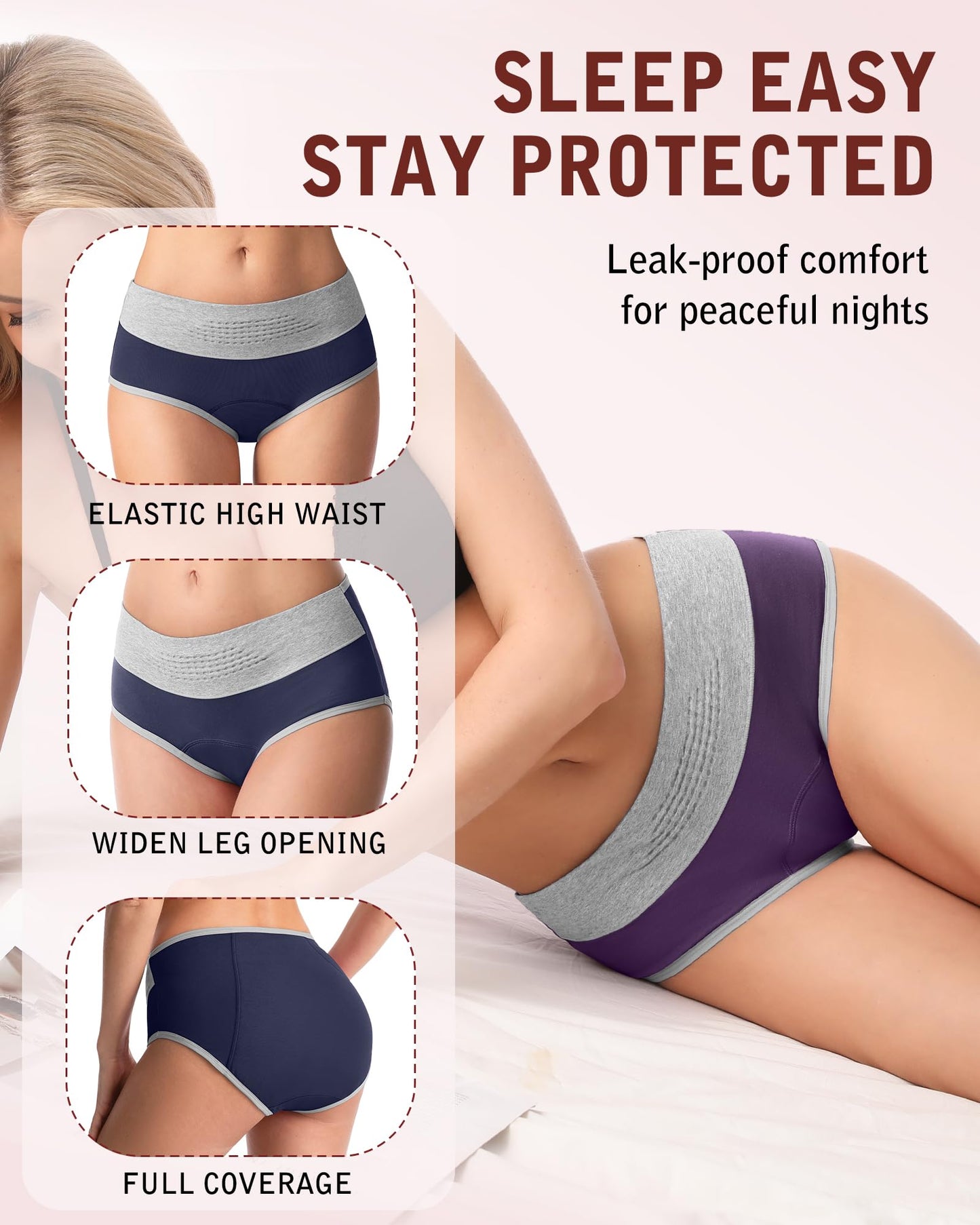 IGOLUMON Incontinence Underwear for Women, Period Panties Leak-Proof Underwear for Postpartum, Bladder Control, Reusable High Waisted Cotton Briefs 4 Pack